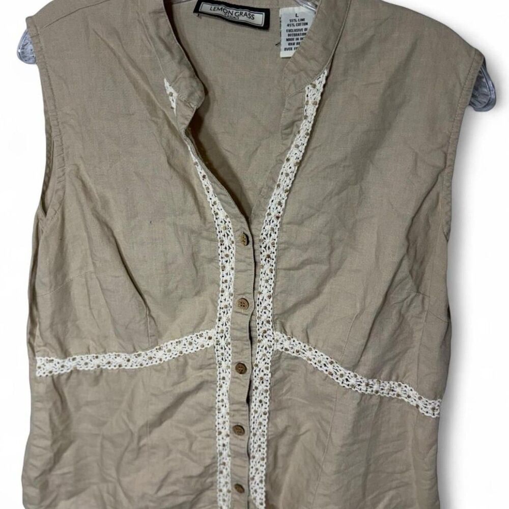 Vintage Woman’s Lemon Grass Beige Vest Button Lace Cottagecore Y2K